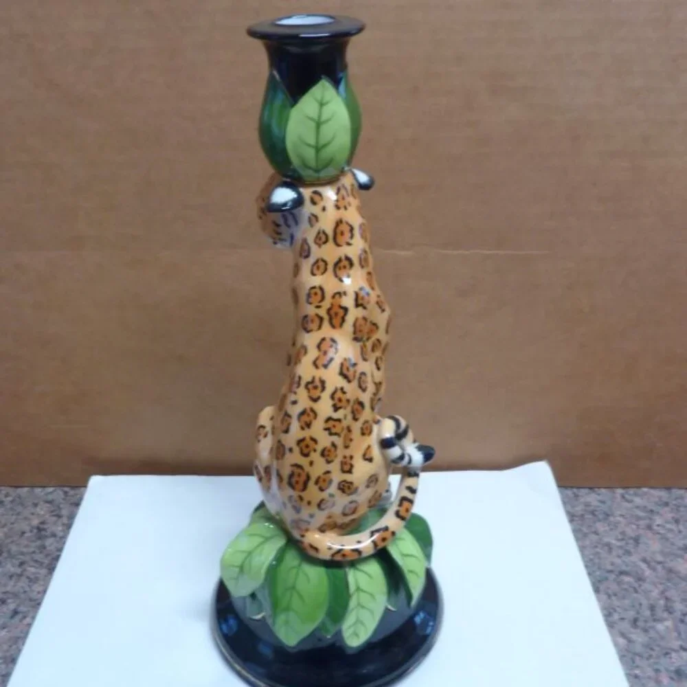 Lynn Chase JAGUAR JUNGLE Candlestick Candle Holder Vintage 1991 11.5” SIGNED - Picture 3 of 8